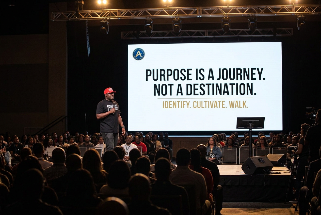 Gene Rashad Howard speaking on stage to a packed audience with a slide reading Purpose is a journey, not a destination